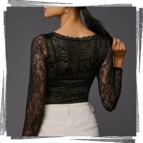 Black Sheer Long-Sleeve V-Neck Lace Bodysuit (S) by Anthropologie - Picture 3 of 3